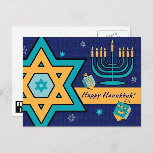 Fijne Chanoeka. Davidster, Menorah, Dreidels Feestdagenkaart (Voorkant / Achterkant)