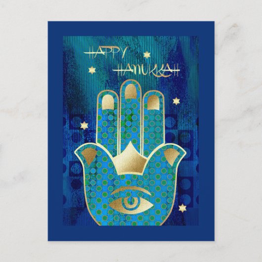 Fijne Chanoeka. Gouden Hamsa Hand Symbool Feestdagenkaart (Voorkant)