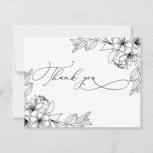 Fijne coligrafie Zwarte & Witte bloemen Dank je we Bedankkaart (Voorkant)