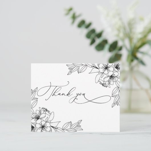 Fijne coligrafie Zwarte & Witte bloemen Dank je we Bedankkaart (Staand voorkant)