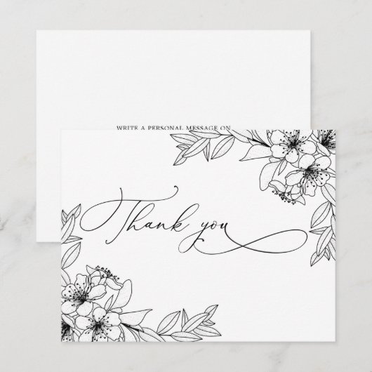 Fijne coligrafie Zwarte & Witte bloemen Dank je we Bedankkaart (Voorkant / Achterkant)