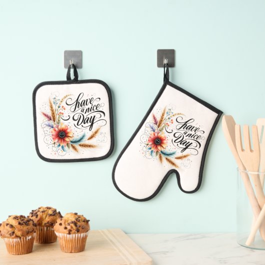 Fijne dag bloemen ovenwant & pannenlap set (Insitu(Ophanging))