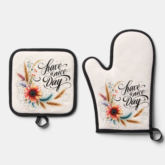 Fijne dag bloemen ovenwant & pannenlap set (Voorkant)