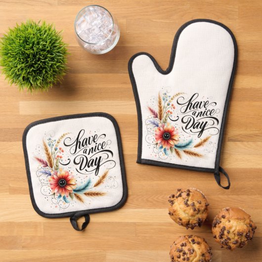 Fijne dag bloemen ovenwant & pannenlap set (Top down)