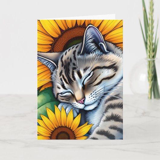 Fijne dag | Napping kat en zonnebloem Kaart (Voorkant)