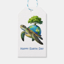Fijne Dag van de Aarde Schildpad Planeet en Bomen Cadeaulabel