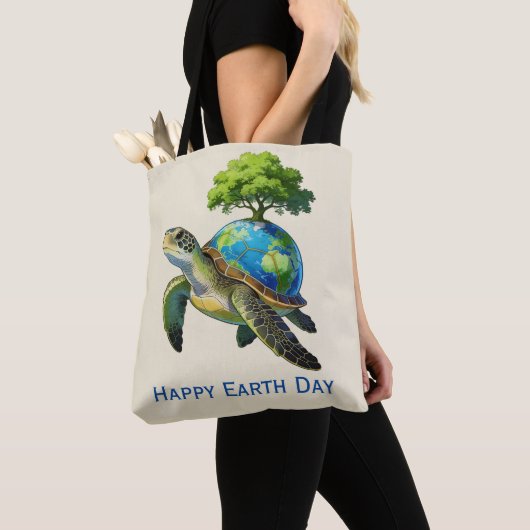 Fijne Dag van de Aarde Schildpad Planeet en Boom Tote Bag (Dichtbij)