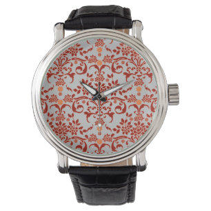 Fijne Damast Ontwerp Oranje en Zilver Horloge