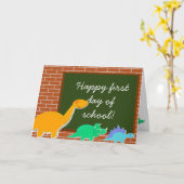 Fijne Eerste Dag van de Cartoon van de School Dino Kaart (Gele Bloem)