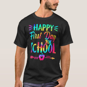 Fijne eerste dag van de schooltijd, kleurstof en t t-shirt