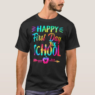 Fijne eerste dag van de schooltijd, kleurstof en t t-shirt