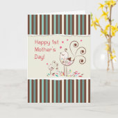 Fijne Eerste Moederdag, Cute Birds on Stripes Kaart (Gele Bloem)