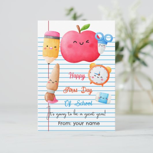 Fijne eerste schooldag labels bedankkaart (Staand voorkant)