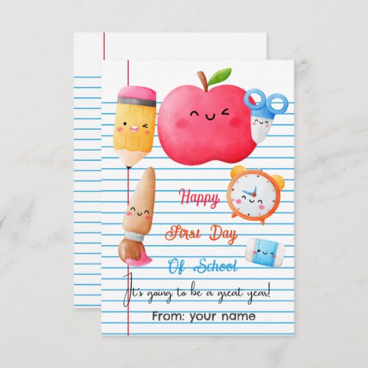 Fijne eerste schooldag labels bedankkaart (Voorkant / Achterkant)