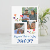 Fijne eerste vaderdag Pappie Bloem 3 Foto Feestdagenkaart (Staand voorkant)