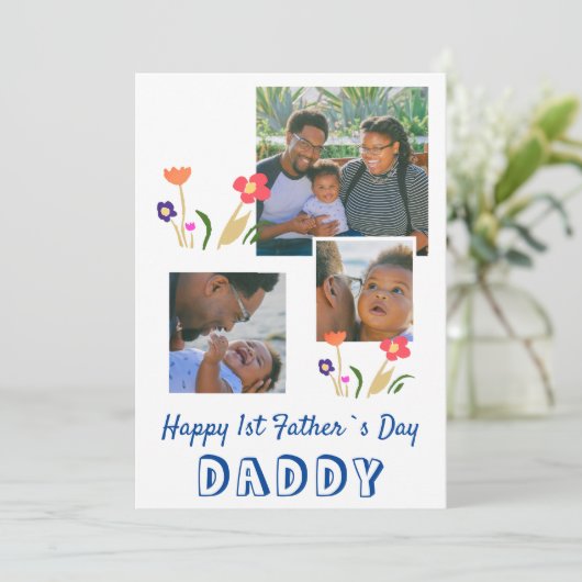 Fijne eerste vaderdag Pappie Bloem 3 Foto Feestdagenkaart (Staand voorkant)