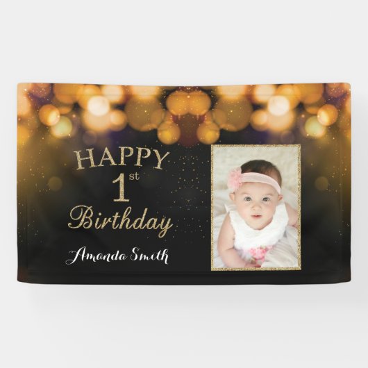 Fijne eerste verjaardag banner. Gold Glitter-foto Spandoek (Horizontaal)