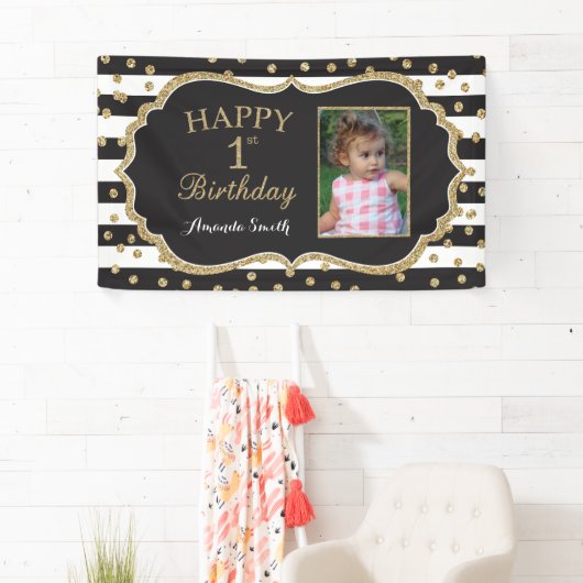 Fijne eerste verjaardag banner. Gold Glitter-foto Spandoek (Insitu)