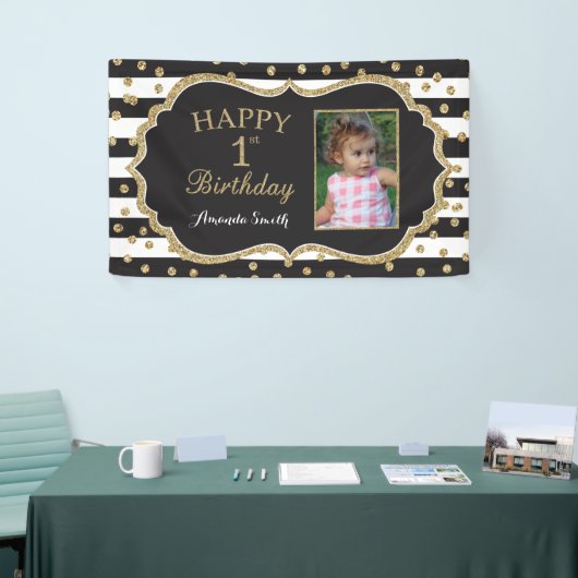 Fijne eerste verjaardag banner. Gold Glitter-foto Spandoek (Beurs)
