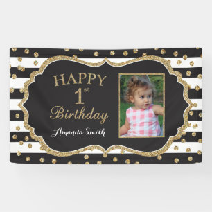 Fijne eerste verjaardag banner. Gold Glitter-foto Spandoek