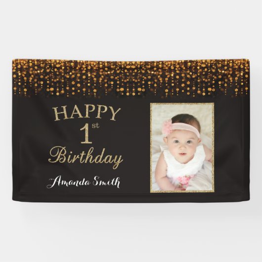 Fijne eerste verjaardag banner. Gold Glitter-foto Spandoek (Horizontaal)