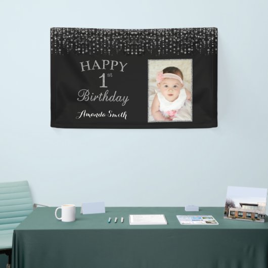 Fijne eerste verjaardag banner. Silver Glitter-fot Spandoek (Beurs)