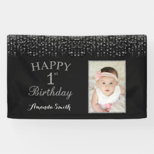 Fijne eerste verjaardag Banner. Silver Glitter Pho Spandoek