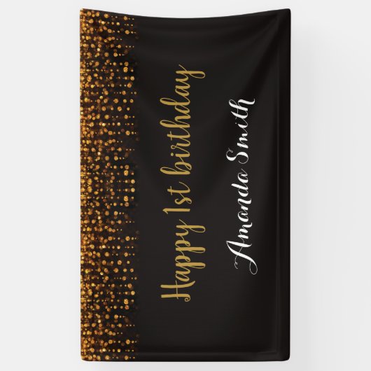Fijne eerste verjaardag banner. Zwart en goudglitt Spandoek (Verticaal)