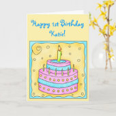 Fijne eerste verjaardag Kaart Roze Cake op Geel (Gele Bloem)