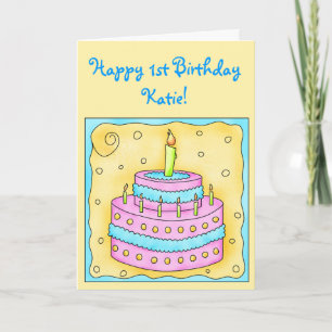 Fijne eerste verjaardag Kaart Roze Cake op Geel