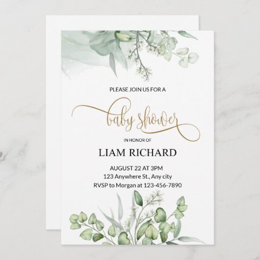 Fijne eucalyptusbladeren baby shower uitnodiging (Voorkant / Achterkant)