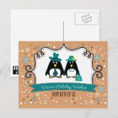 Fijne feestdag. Fun Penguin Couple Feestdagenkaart (Voorkant / Achterkant)