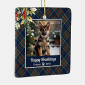 Fijne feestdagen Dog Blue Plaid Christmas Keramisch Ornament (Rechts)