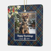 Fijne feestdagen Dog Blue Plaid Christmas Keramisch Ornament (Links)