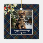 Fijne feestdagen Dog Blue Plaid Christmas Keramisch Ornament (Achterkant)