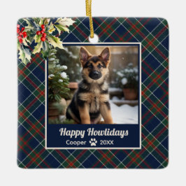 Fijne feestdagen Dog Blue Plaid Christmas Keramisch Ornament