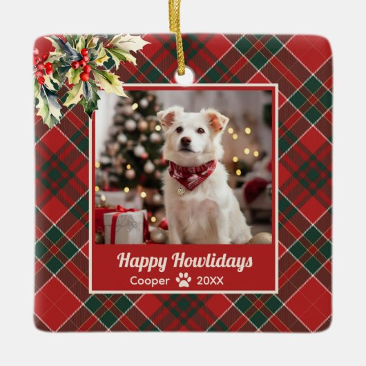 Fijne feestdagen Hond Red Plaid Kerstmis Keramisch Ornament (Voorkant)