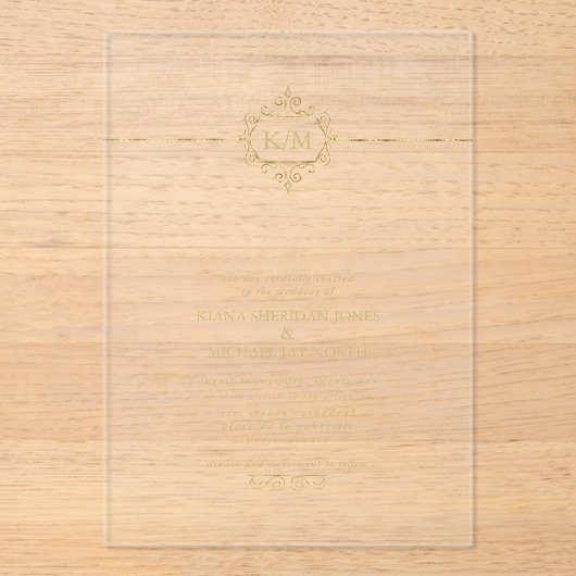 Fijne filigraan gouden bruiloft transparant ID871 Acryl Uitnodigingen (Voorkant)