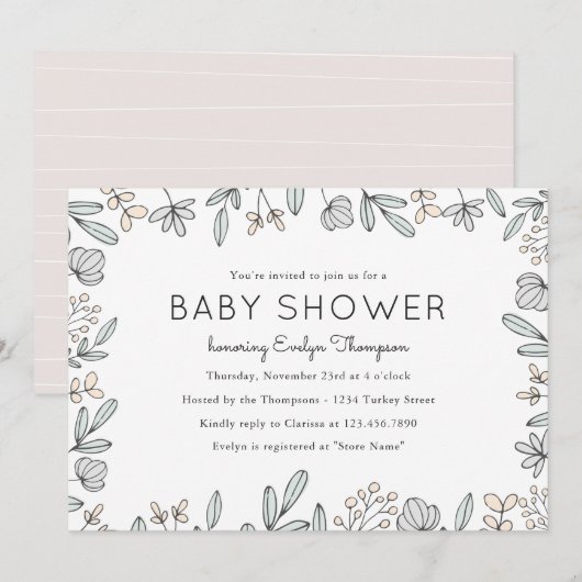Fijne Floral Baby Shower-uitnodigingen Kaart (Voorkant / Achterkant)