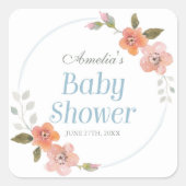 Fijne Floral Blue Baby shower Square Sticker (Voorkant)