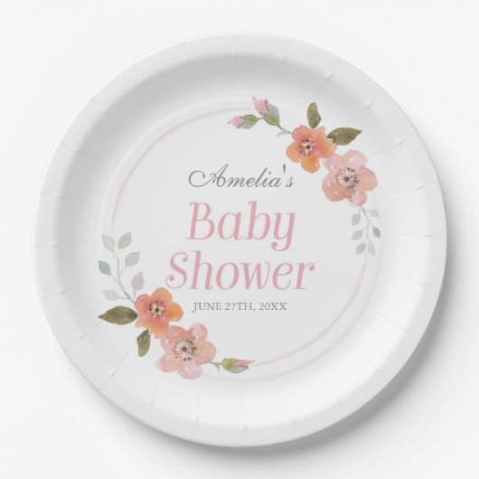 Fijne Floral Roze Baby shower Papier Bord (Voorkant)