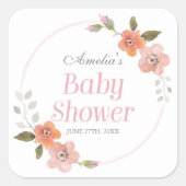 Fijne Floral Roze Baby shower Square Sticker (Voorkant)