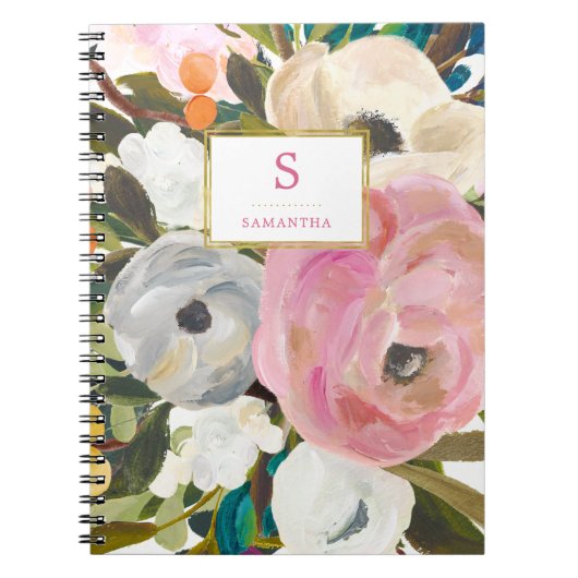 Fijne Floral Waterverf met Monogram Notitieboek (Voorkant)