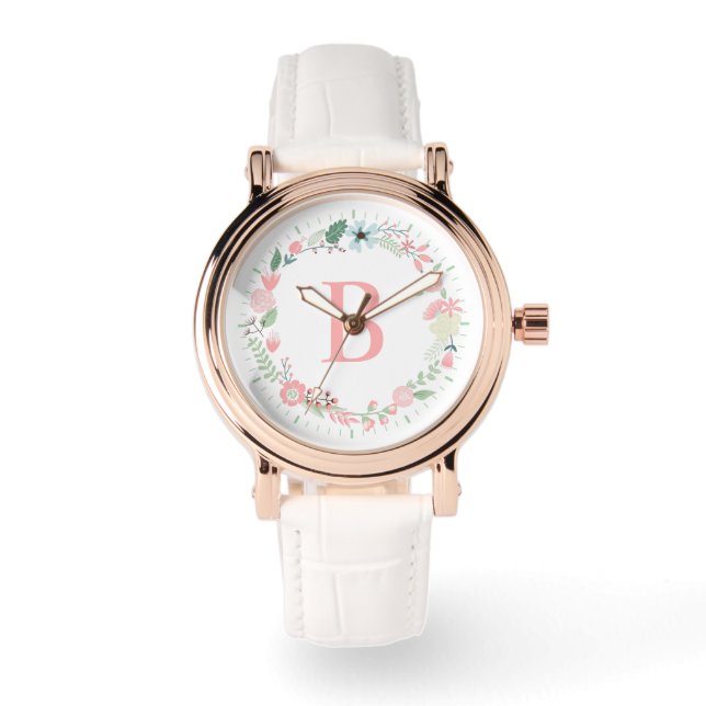Fijne Floral Wreated Custom Monogram Horloge (Voorkant)