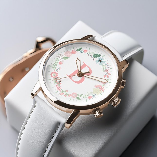 Fijne Floral Wreated Custom Monogram Horloge (Inspiration mockup (not actual product))