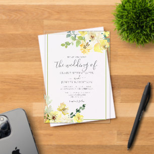 Fijne Gele Floral Sage Green Summer Weddenschap Acryl Uitnodigingen
