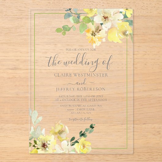 Fijne Gele Floral Sage Green Summer Weddenschap Acryl Uitnodigingen (Voorkant)