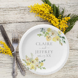 Fijne Gele Floral Sage Green Summer Weddenschap Papieren Bordje