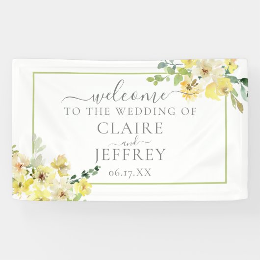 Fijne Gele Floral Sage Green Summer Weddenschap Spandoek (Horizontaal)