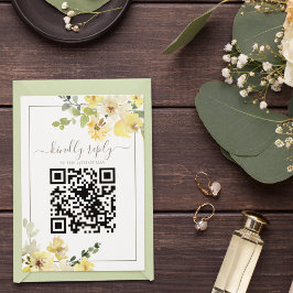 Fijne Gele Floral Sage QR Code Zomerbruiloft RSVP Kaartje